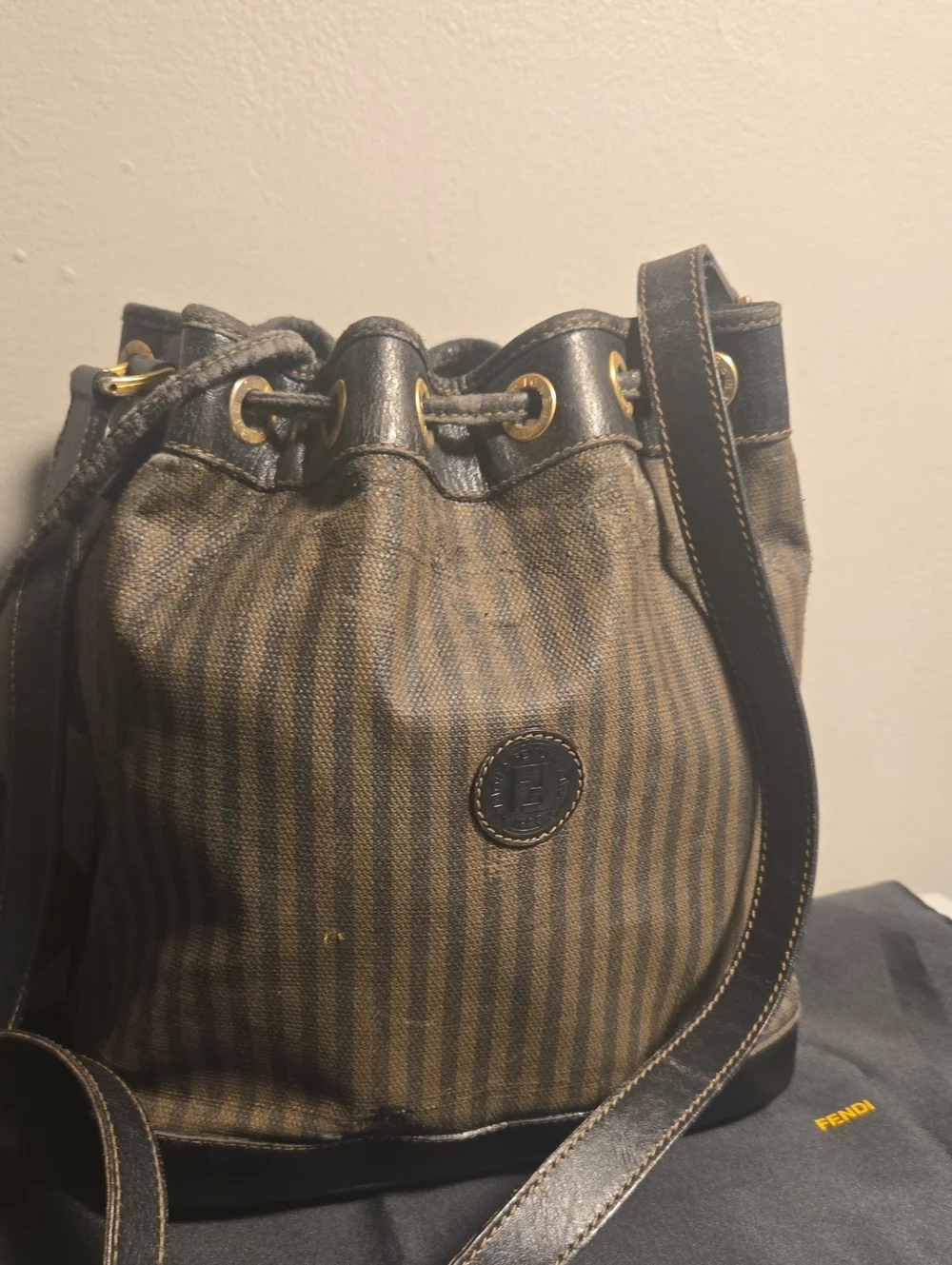 Fendi Brown Striped Canvas Drawstring Crossbody Bag with Pouch